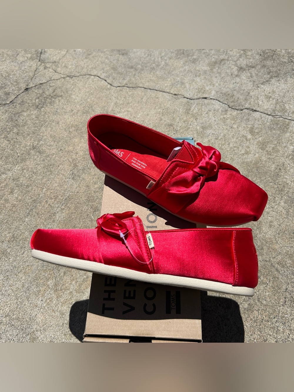 TOMS Red Satin Bow Slip-On Loafers